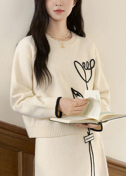 Stylish Beige O Neck Sweaters and Skirts Knit Two Pieces Set Winter