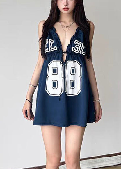 Blue V Neck Graphic Backless Holiday Mid Dress Sleeveless