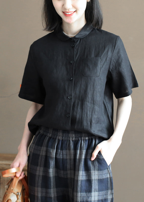 Black Pocket Linen Loose Shirt Tops Peter Pan Collar Half Sleeve