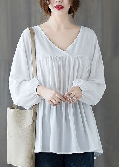 White Loose V Neck Wrinkled Fall Long Sleeve Shirt Top