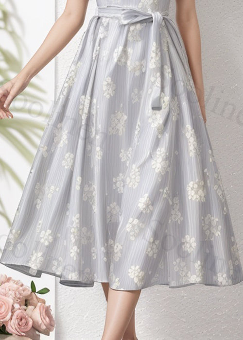 Art Grey Ruffled Tie Waist Silk Long Dresses Summer
