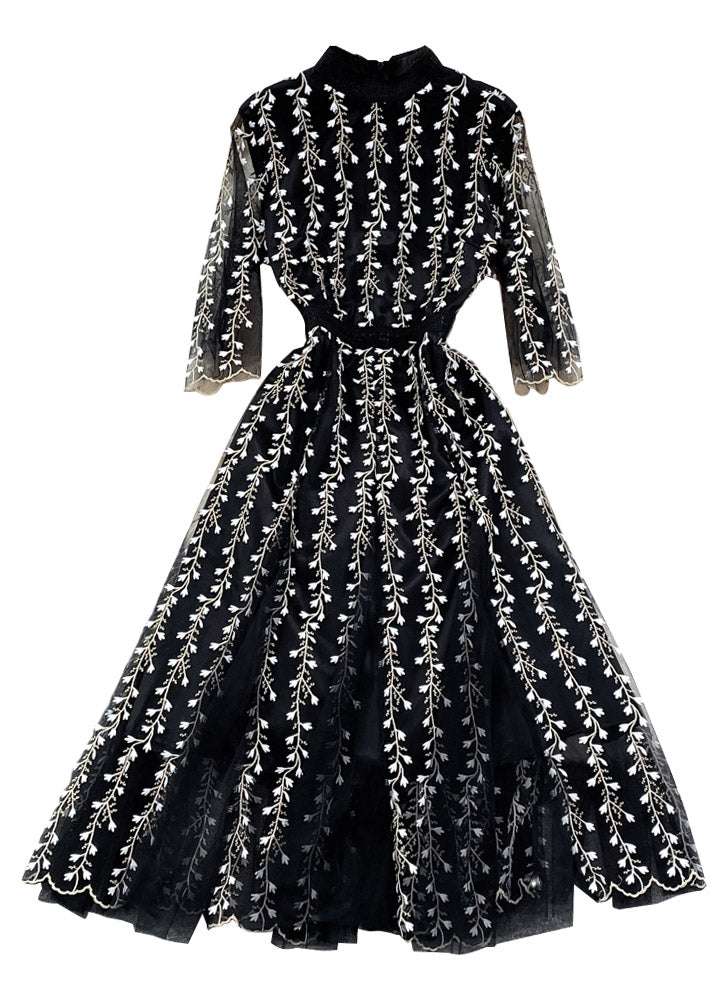 Handmade Black O-neck Embroideried Tulle Patchwork Tunic Long Dress Half Sleeve