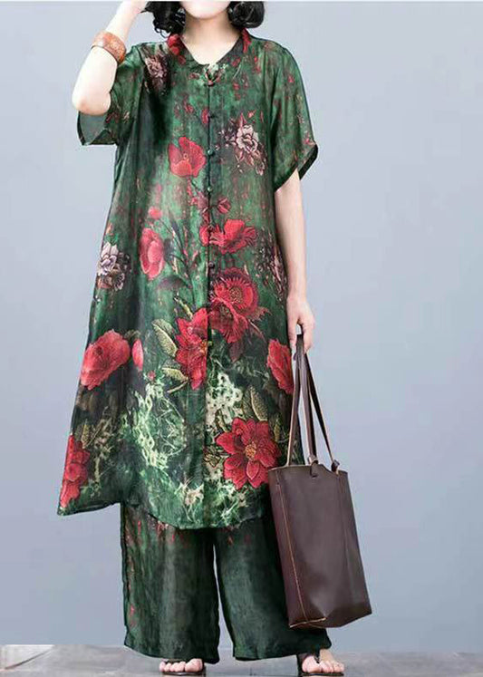 French Green Stand Collar Print Silk Dress and Wide Leg Pants Two Pieces Set Summer