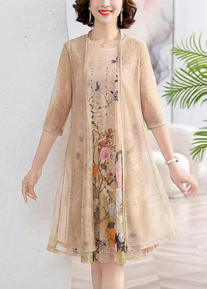 Loose Khaki Cardigan and Dress Chiffon Two Piece Set Summer