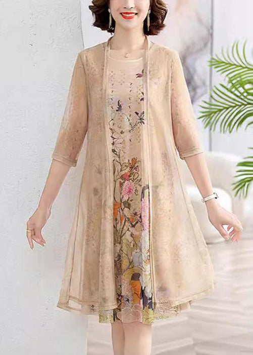 Loose Khaki Cardigan and Dress Chiffon Two Piece Set Summer
