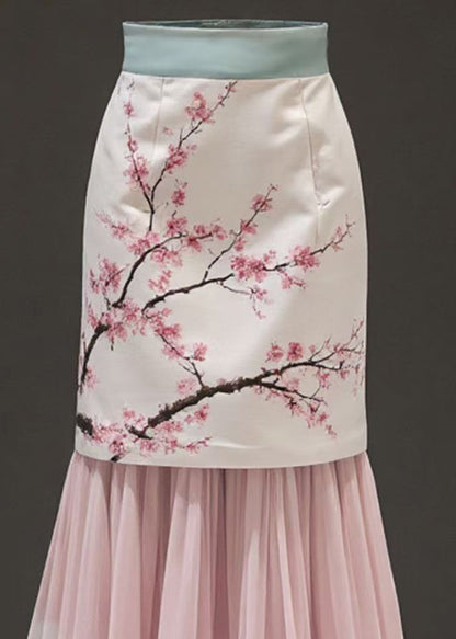 Pink Print False Two Pieces Chiffon Patchwork Skirts Summer