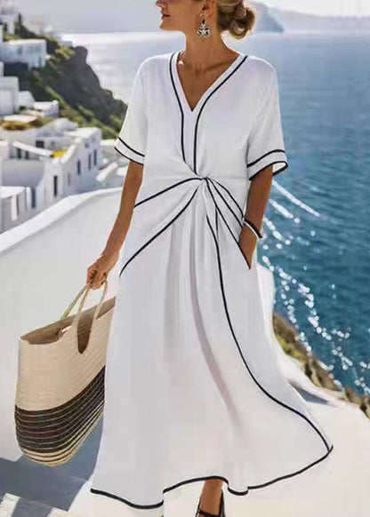 Apricot V Neck Wrinkled Pockets Cotton Long Dress Summer