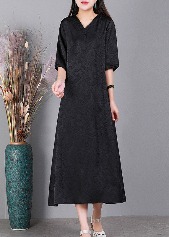 Handmade Green V Neck Jacquard Silk Long Dress Half Sleeve