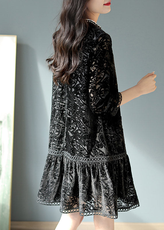 Black O-neck Crochet Velour Pleated Dresses Long Sleeve