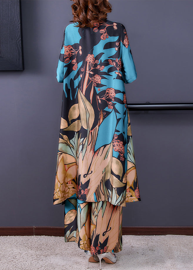 Blue Stand Collar Print Silk Shirt and Wide Leg Pants Two-piece Set Half Sleeve