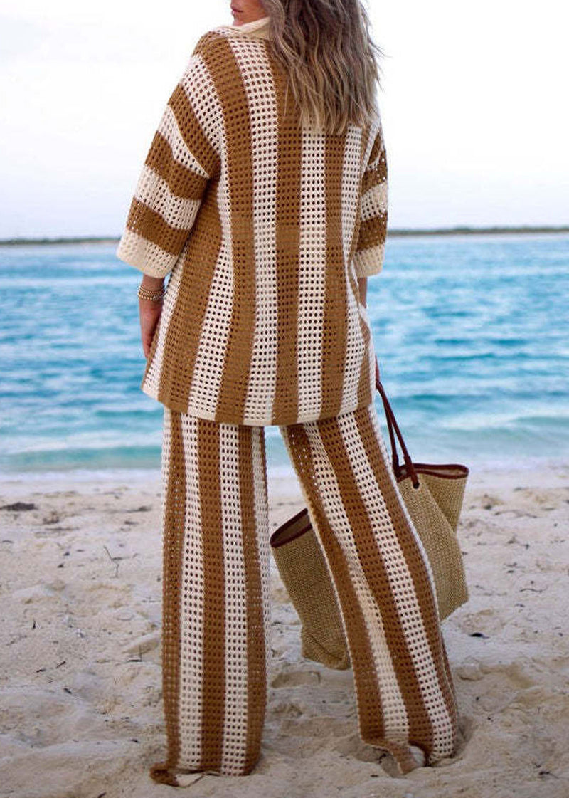 French Khaki Hollow Out Tops and Pants Knit Two Pieces Set Long Sleeve