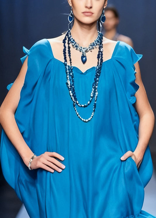 Original Blue Ruffled Pockets Chiffon Mid Dress Summer