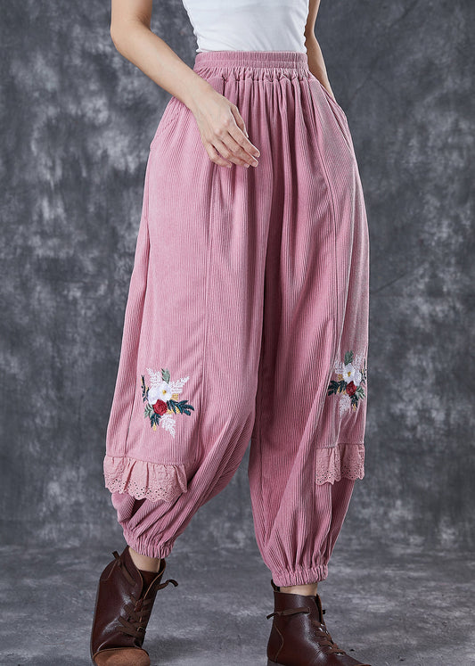 Pink Patchwork Corduroy Harem Pants Embroideried Fall