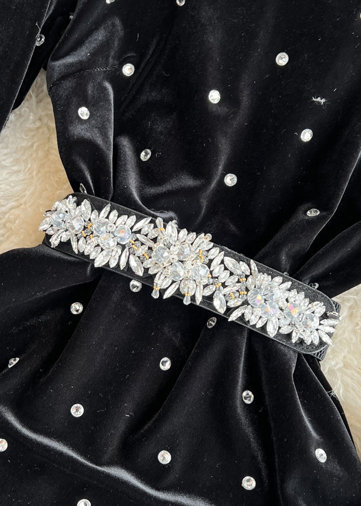 Black Ruffled Stand Collar Patchwork Zircon Flattering Silk Velour Long Dresses Winter
