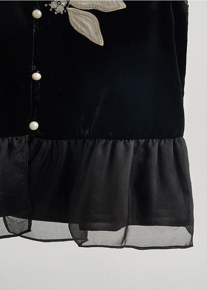 Diy Black Embroidered Organza Patchwork Silk Velour Vests Fall