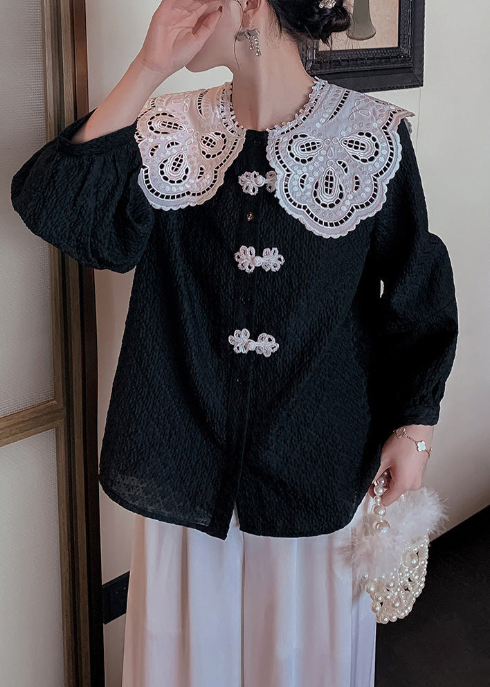 Black Peter Pan Collar Print Button Shirts Long Sleeve
