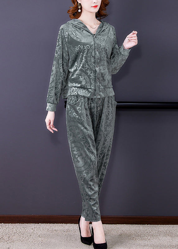 Loose Grey Print Silk Velour Coats and Harem Pants Two Pieces Set Fall