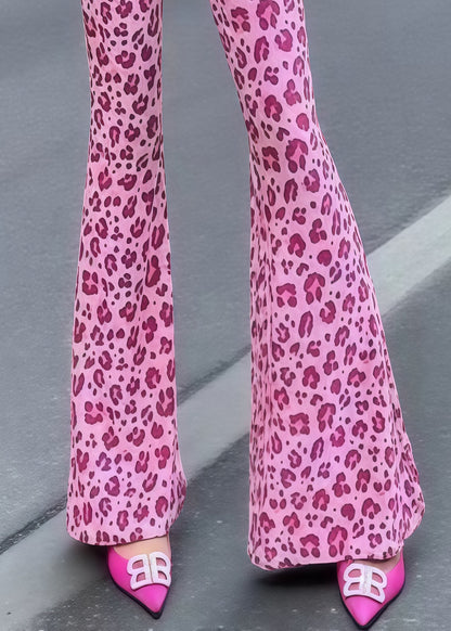 Rose Tummy Control Leopard Print Cotton Flared Trousers Summer