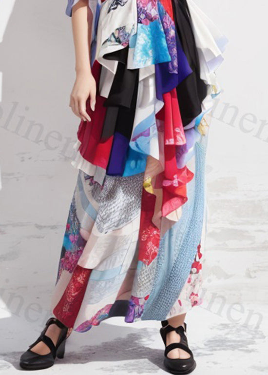 Print Asymmetrical Patchwork Silk Ankle Dress Summer