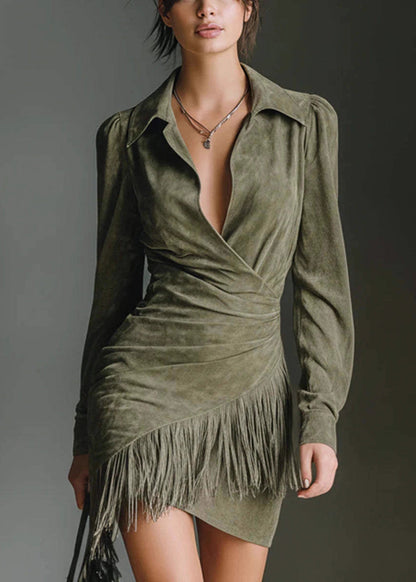 Slim Fit Green Wrinkled Tasseled Faux Suede Mid Dress Spring