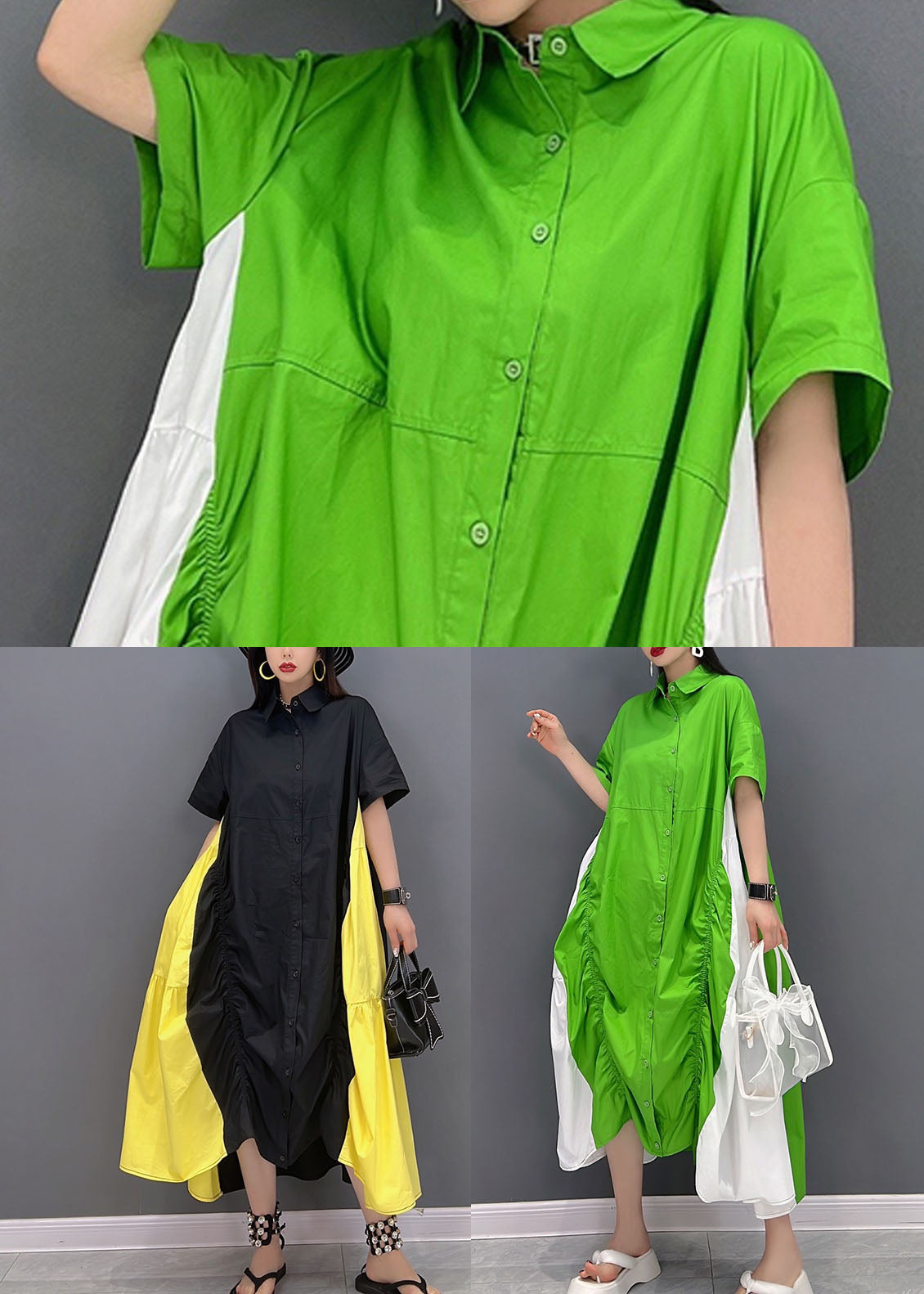 Black Yellow Colorblock Peter Pan Collar Wrinkled Cotton Shirt Dress Short Sleeve