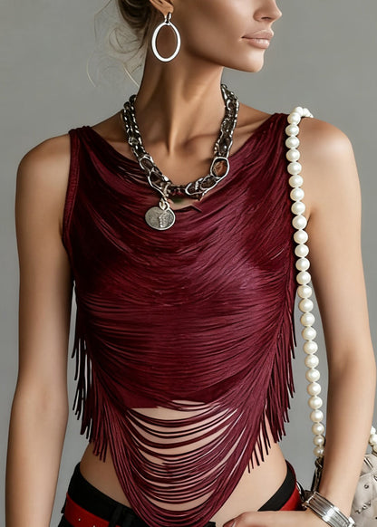 Wine Red Backless Tasseled Tank Sleeveless