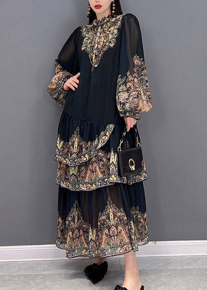 Black Stand Collar Ruffled Layered Print Chiffon Long Dress Lantern Sleeve