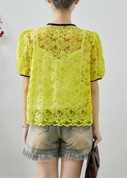 Fluorescent Yellow Embroidered Lace Blouse Top Summer
