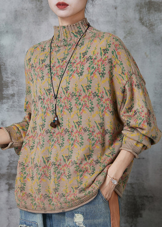 Khaki High Neck Print Knit Sweaters Spring