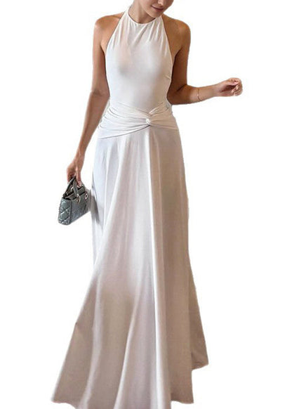 Slim Fit White Backless Cotton Ankle Dress Sleeveless