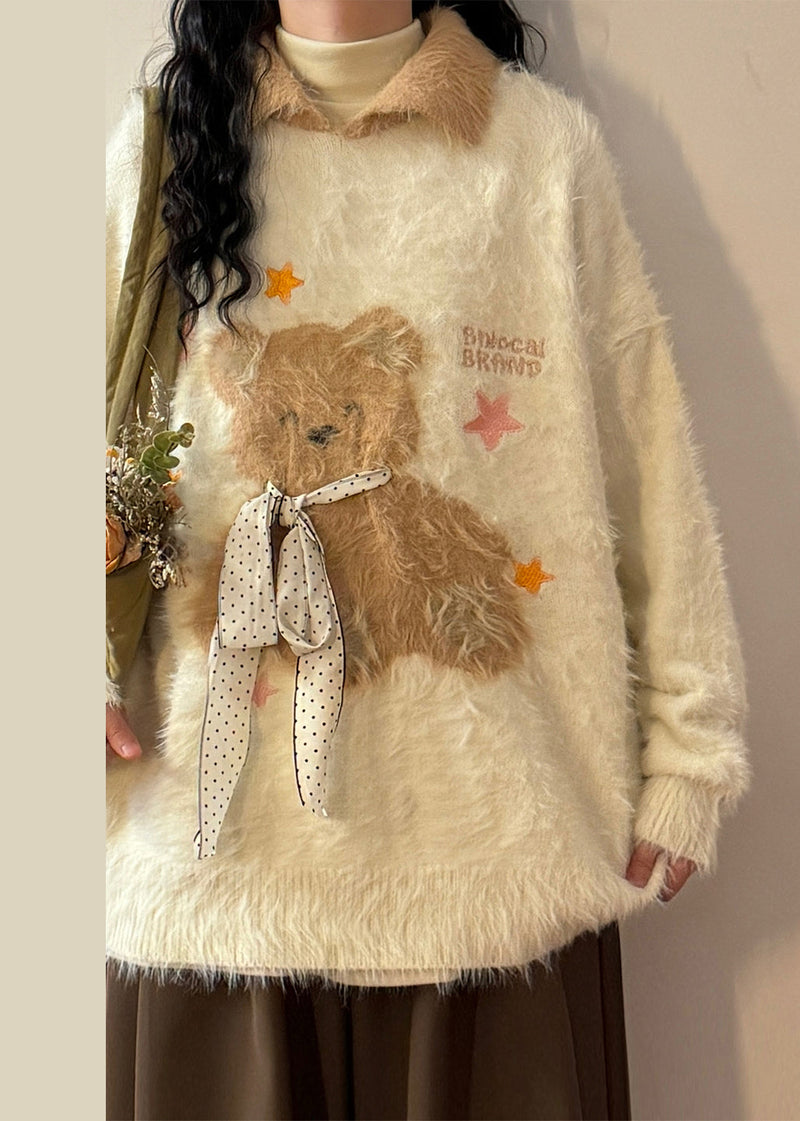 Apricot Peter Pan Collar Little Bear Bow Mink Hair Knitted Sweaters Winter