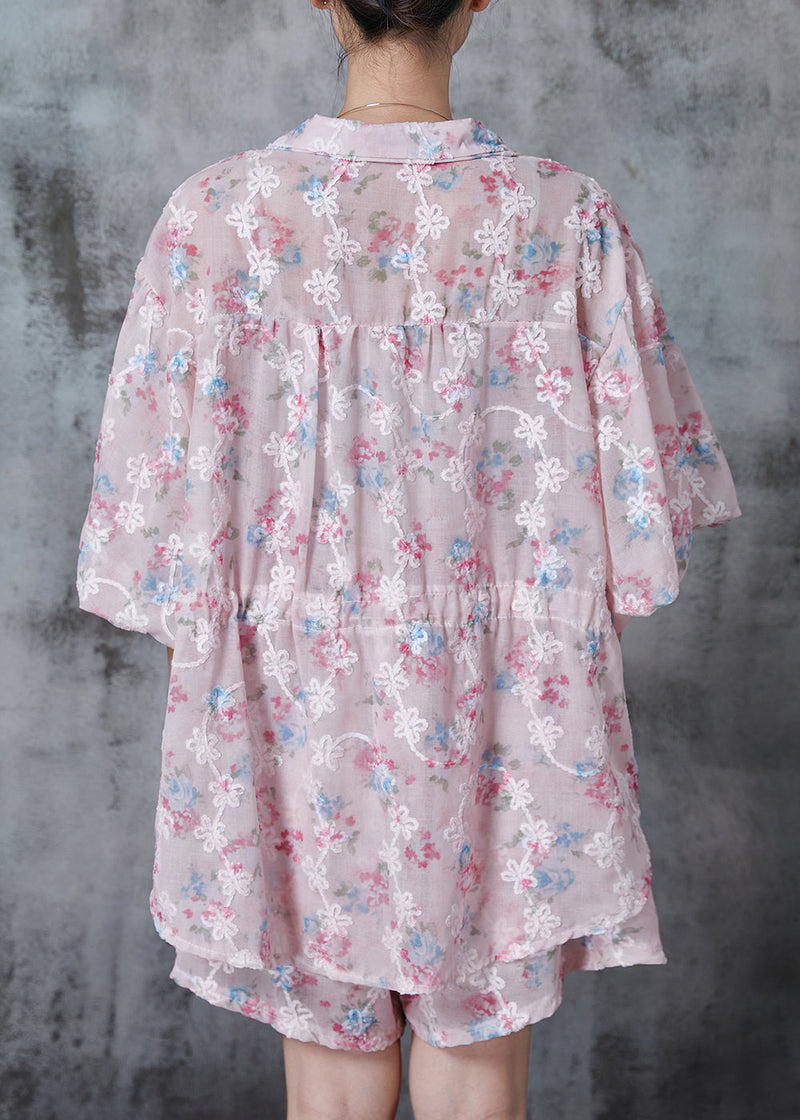 Pink Embroidered Print Chiffon Two Pieces Set Summer