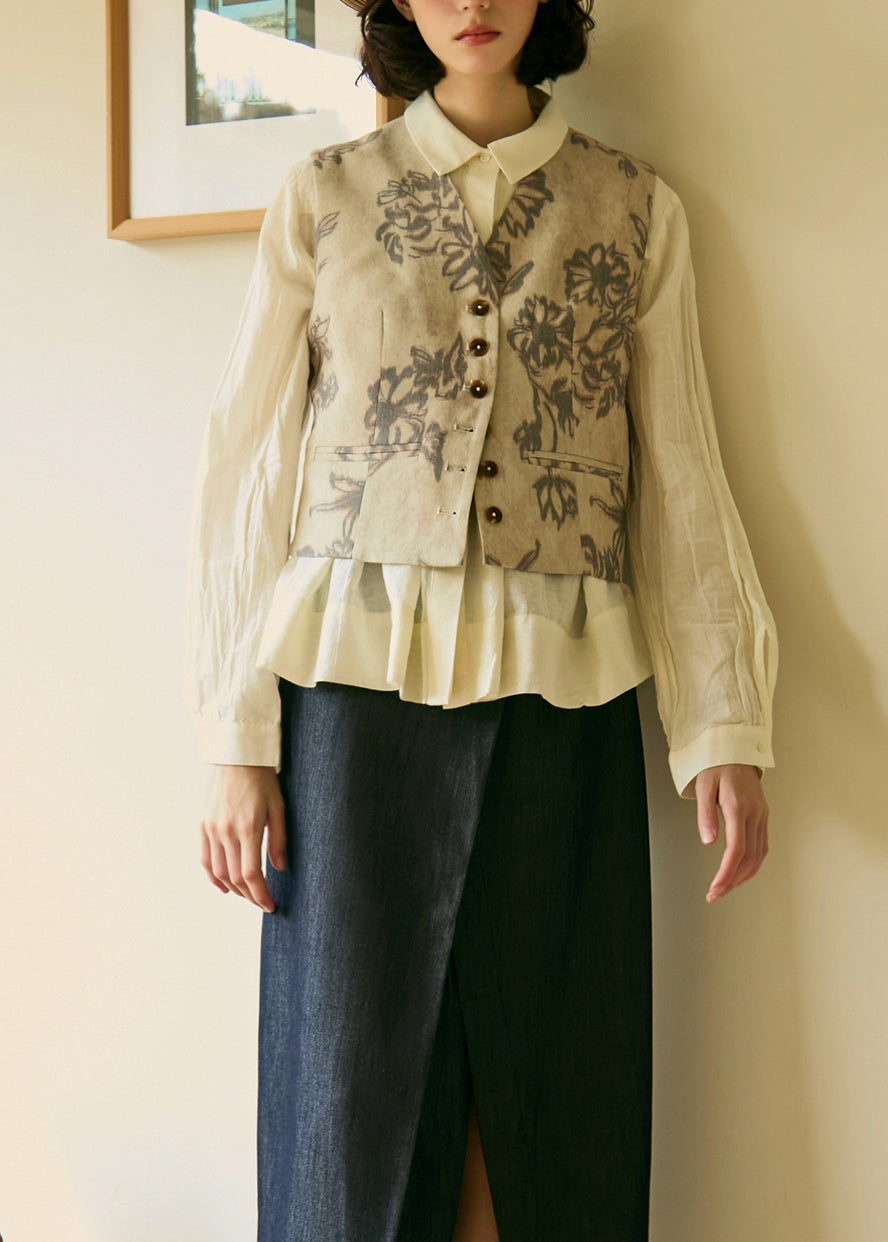 Beige Peter Pan Collar Wrinkled Cotton Shirt Top Fall