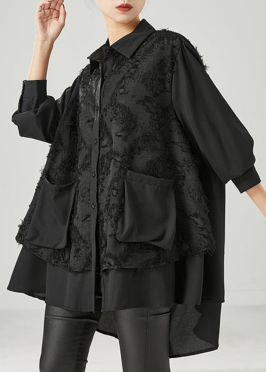 Black Asymmetrical Patchwork Cotton Shirt Dress Spring