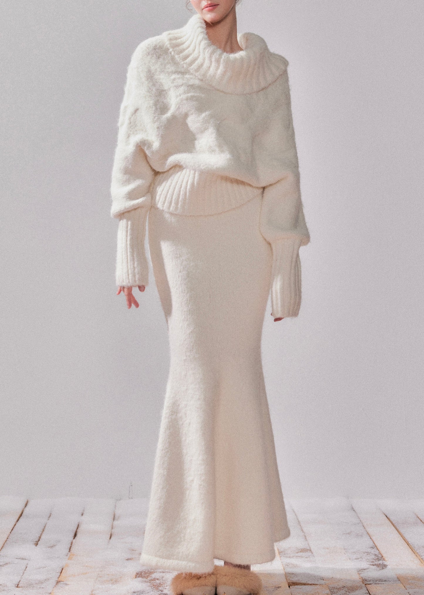 White Turtleneck Patchwork Cotton Knit Sweater and Maxi Dress Two-piece Set Fall