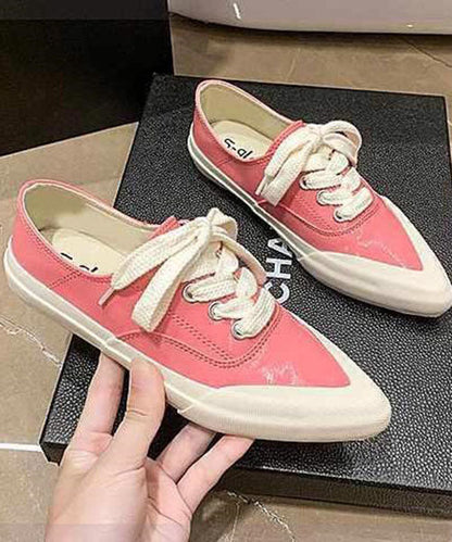 Pink Faux Leather Flat Shoes for Lace Up Splicing Pointed Toe