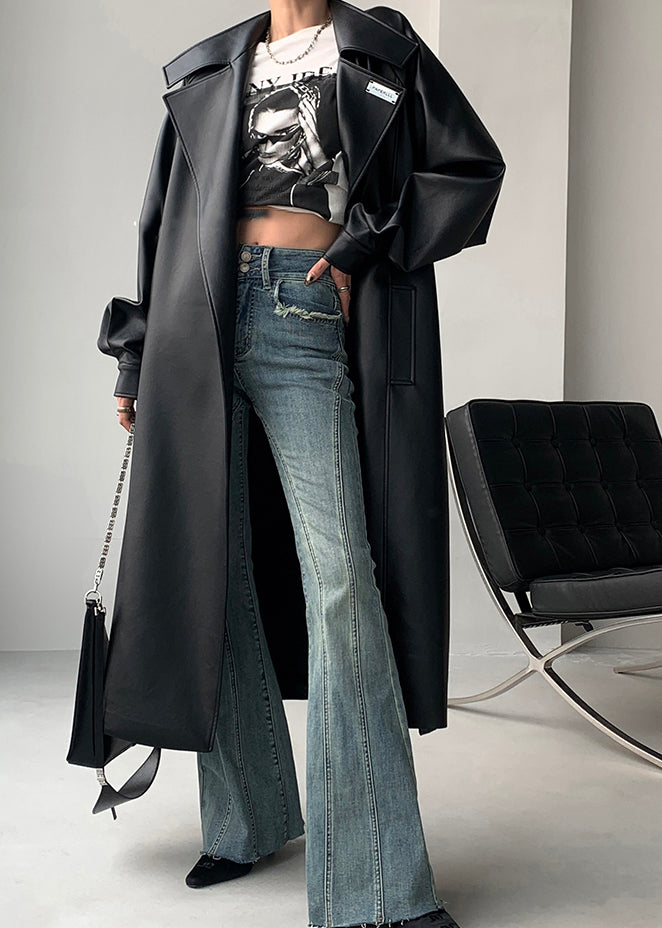 Blackish Green Tie Waist Faux Leather Warm Fleece Coats Winter
