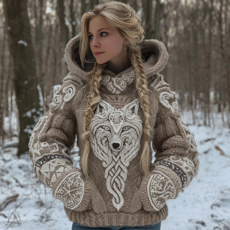 Cotton Blend Hooded Cardigan with Celtic Wolf Motif