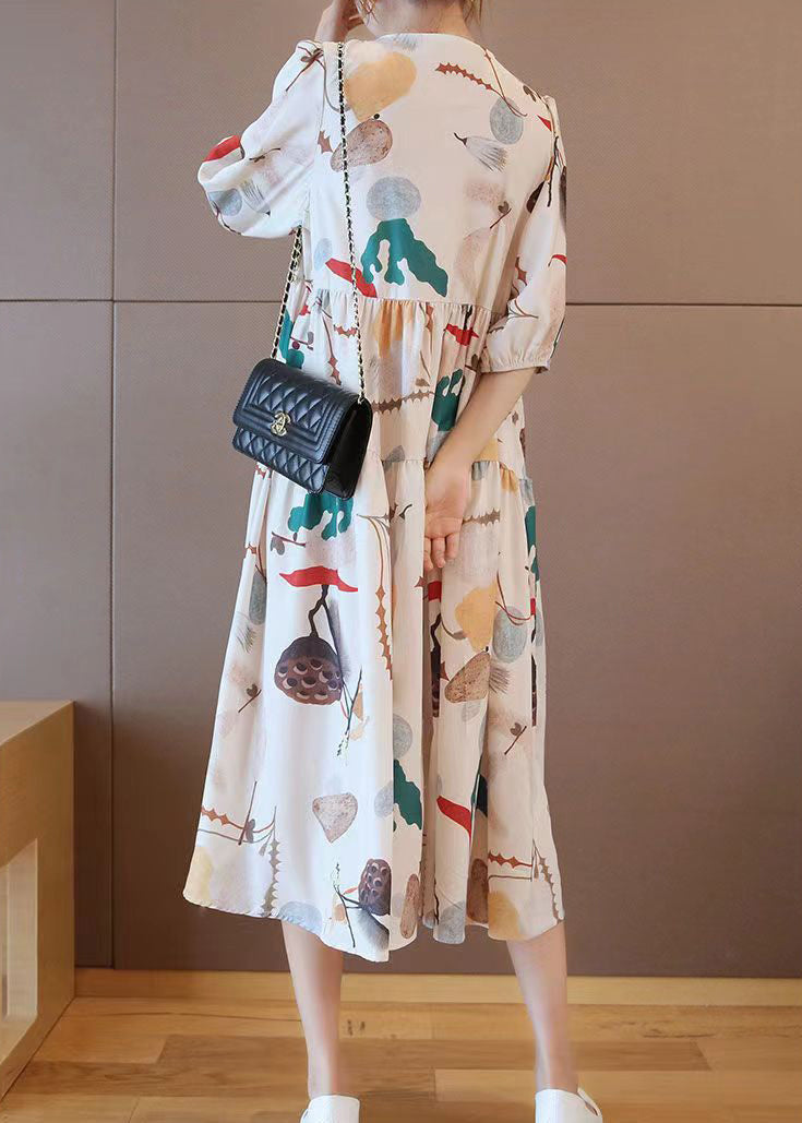 Apricot V Neck Print Cotton Long Dress Half Sleeve