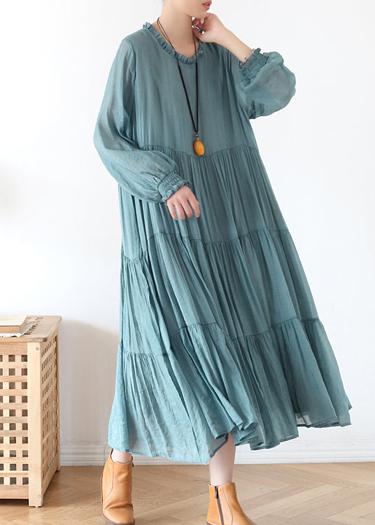 Blue O-neck Ruffled Wrinkled Vacation Dress Lantern Sleeve