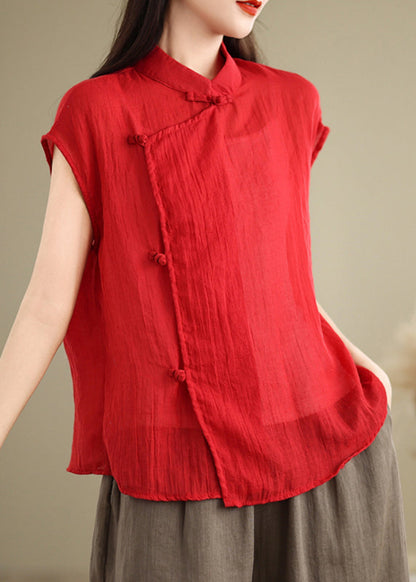 Chinese Style Red Stand Collar Patchwork Linen Shirt Short Sleeve