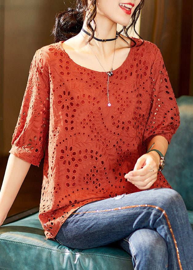 Brick Red O Neck Hollow Out Cotton T Shirt Half Sleeve
