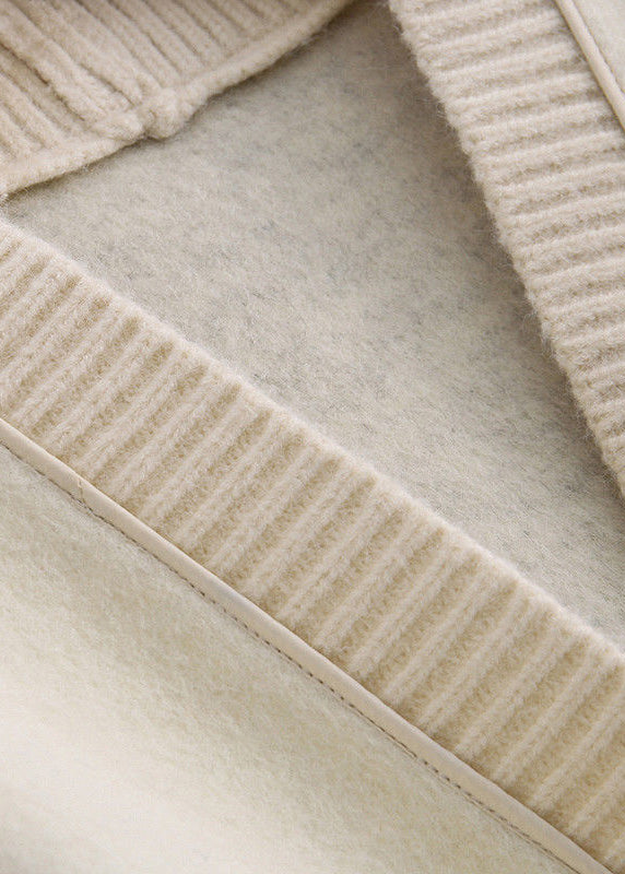 Black V Neck Button Knit Patchwork Woolen Coats Long Sleeve