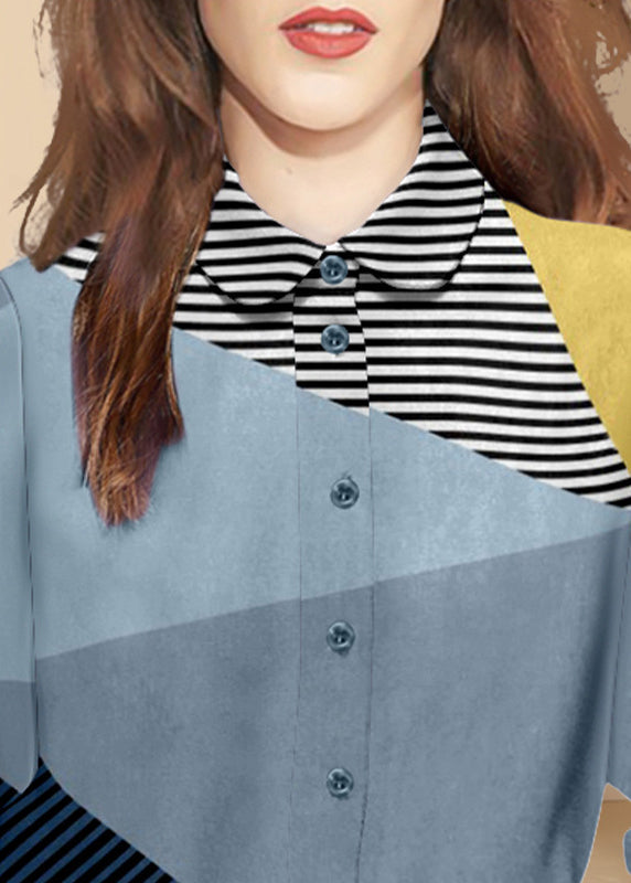 Diy Colorblock Peter Pan Collar Patchwork Striped Cotton Top Spring