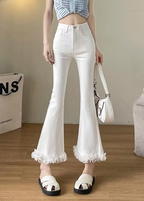 White Ruffled Patchwork Denim Flare Bottoms Fall