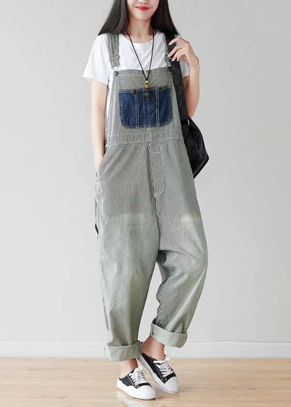 Simple Grey Pockets Patchwork Striped Jumpsuits Spring