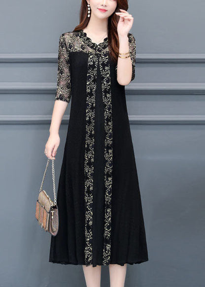 Boutique Black V Neck Lace Patchwork Silk a Line Dresses Half Sleeve
