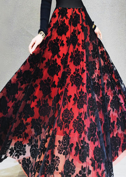 Red High Waist Tulle a Line Skirt Spring
