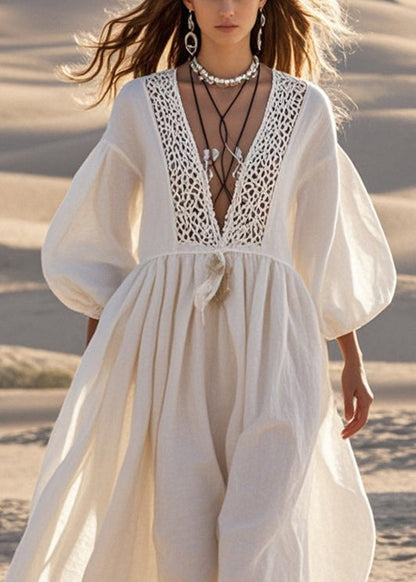 White V Neck Patchwork Cotton Long Dresses Lantern Sleeve Summer