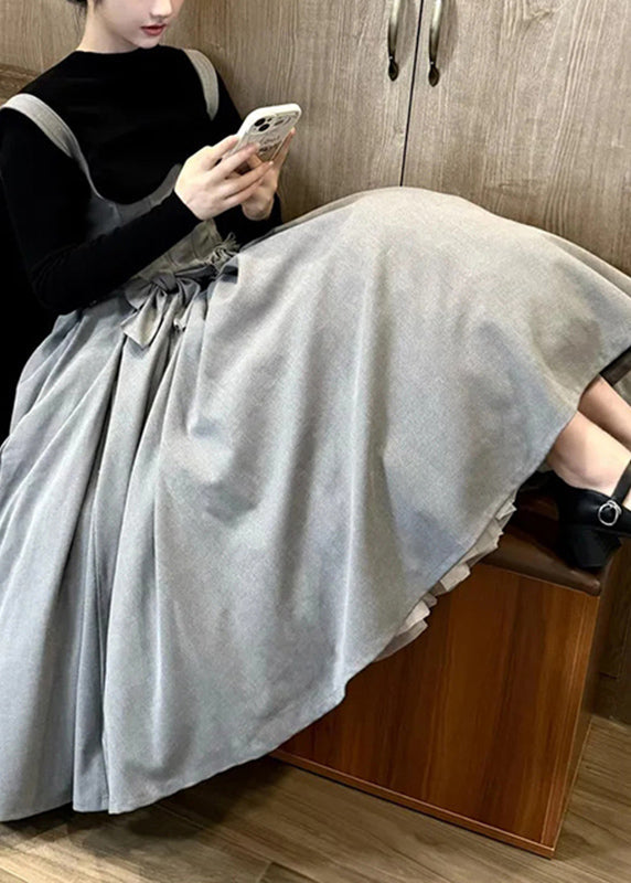 Slim Fit Grey Bow Top and Spaghetti Strap Dress Two Pieces Set Spring